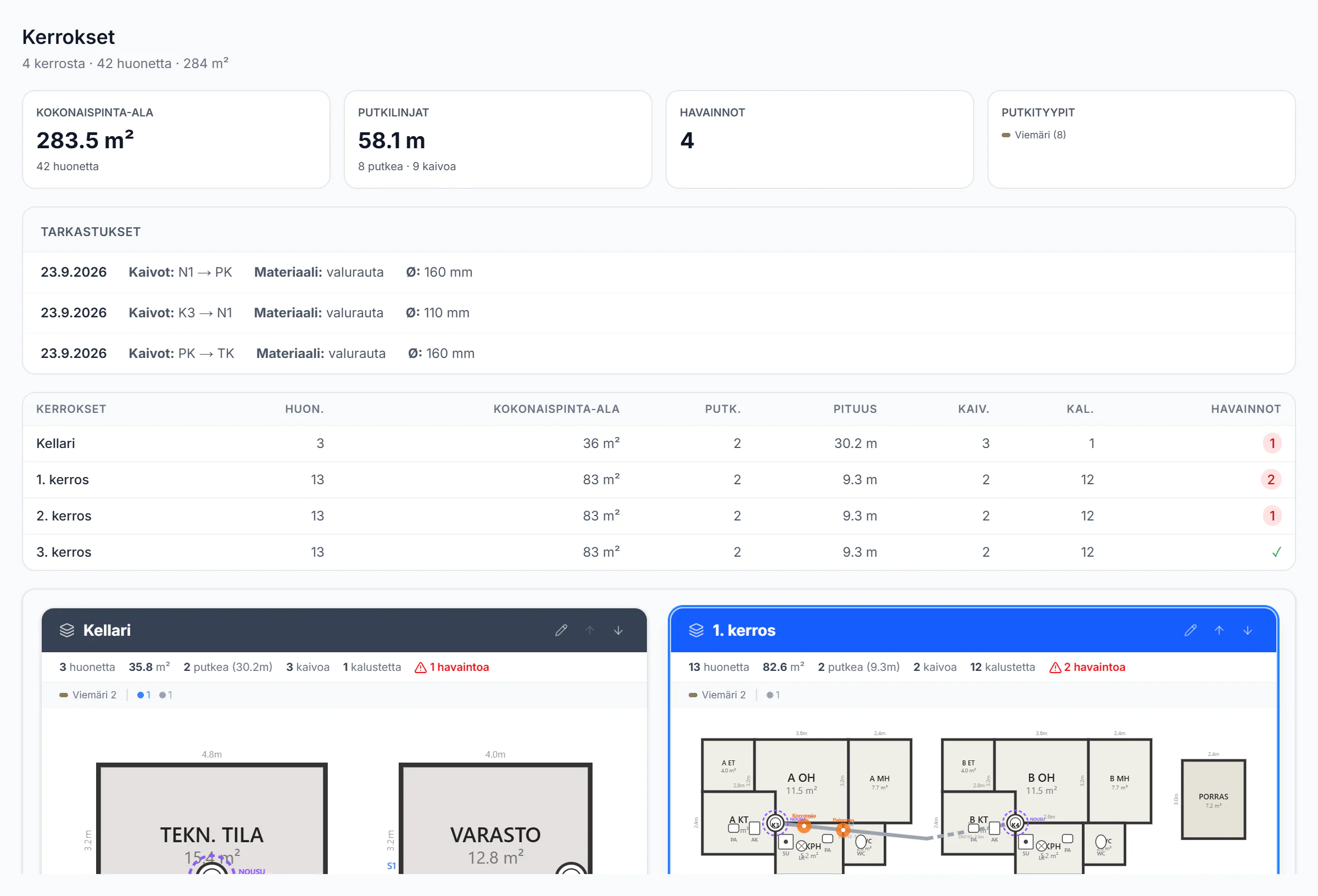 Floors: areas, pipe runs and findings per floor with the floor plans