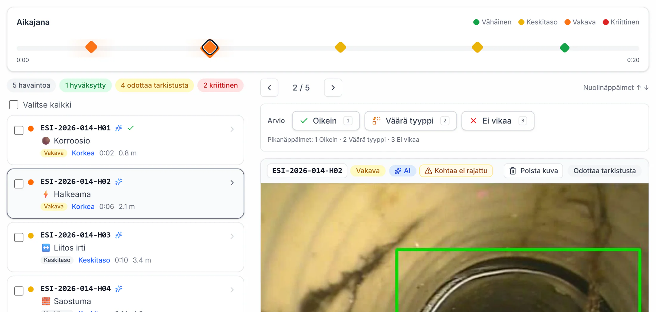 Videos and findings: the finding list, timeline, verdict bar and the still of the selected finding